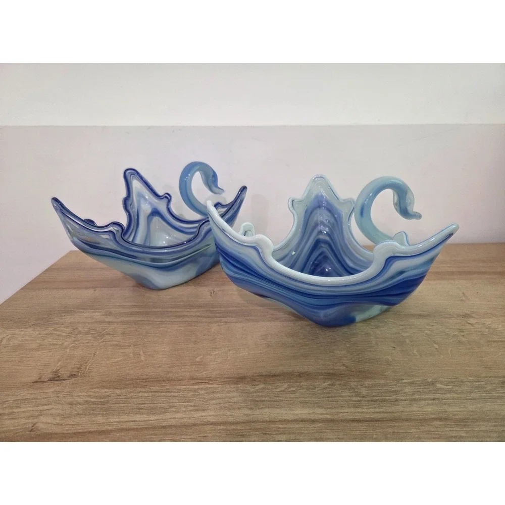 Pair of Vintage 70s Sooner Blown Glass Swan Bird Dishes Blue White Swirl 10''